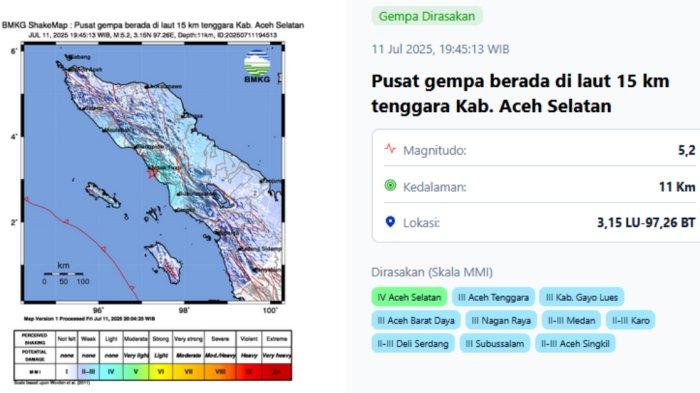 Gempa Bumi Magnitudo 5,2 Guncang Aceh Selatan, Tidak Berpotensi Tsunami